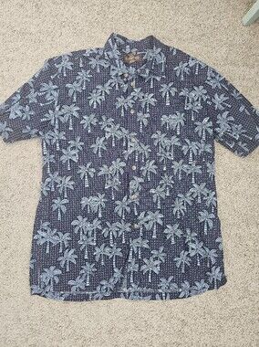 Cooke Street Men's L Palm Tree Aloha Hawaiian Shirt Blue White Pockets